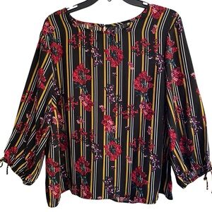 MASSANI Silky Tie Sleeve Blouse Black Gold Red Size EXTRA LARGE